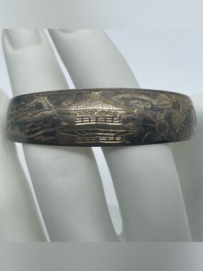 Vintage Japanese Etched Sterling Silver Landscape Cuff Bracelet Pagoda Sakura